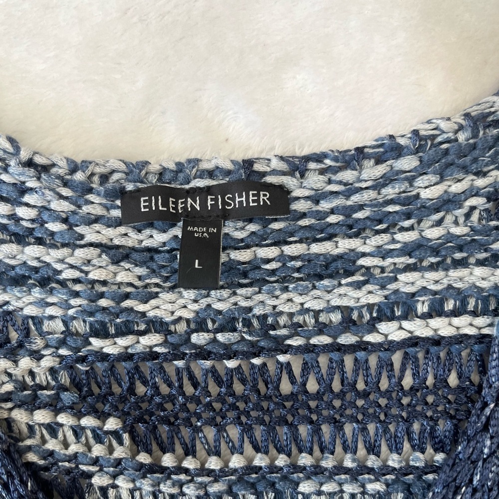Eileen Fisher Open Knit Blue White Short Sleeve Top Size L Cotton Blend - Picture 8 of 15